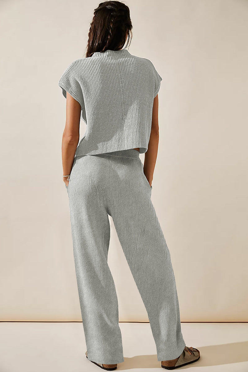 Gray Knitted V Neck Sweater and Casual Pants Set
