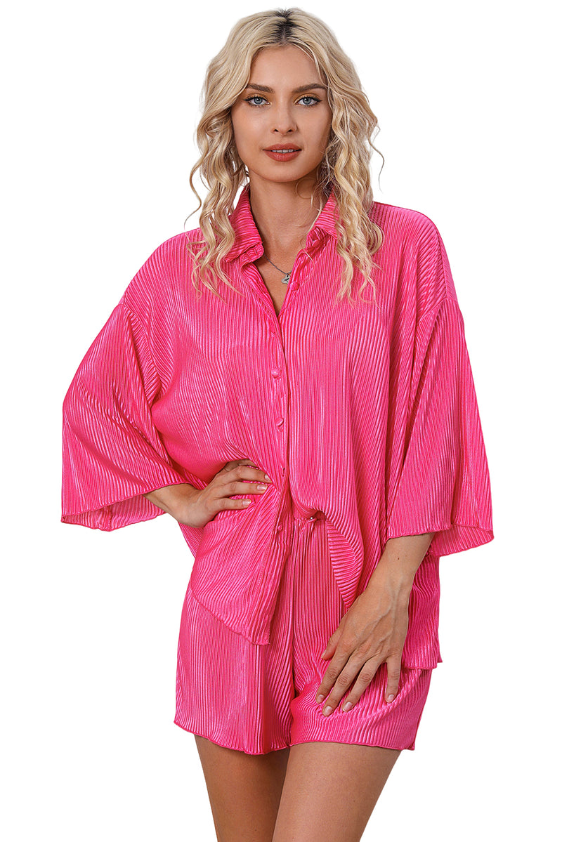 Rose 3/4 Sleeves Pleated Shirt and High Waist Shorts Lounge Set