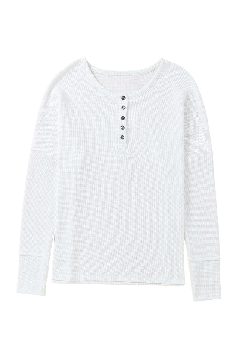 White Waffle Knit Henley Top