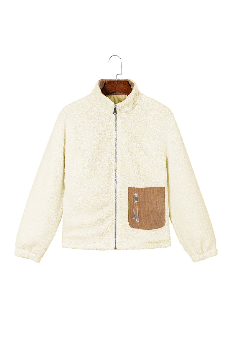 White Contrast Patched Pocket Zipped Sherpa Jacket