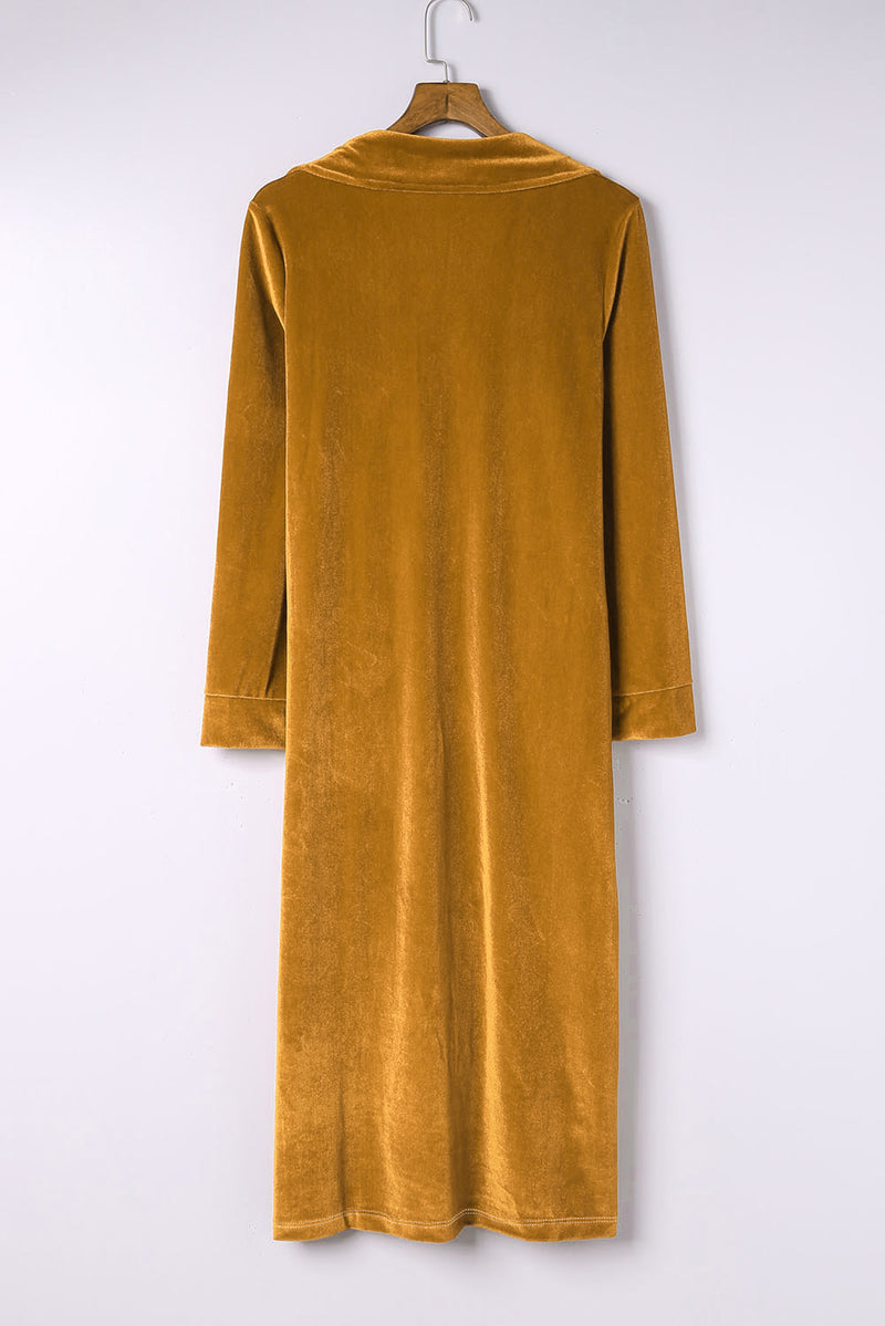 Yellow Retro Velvet Long Sleeve Pocket Coat