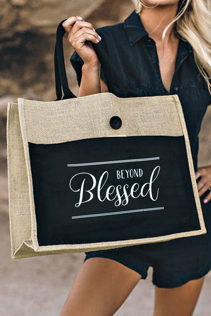 Black BEYOND Blessed Printed Vintage Burlap Bag