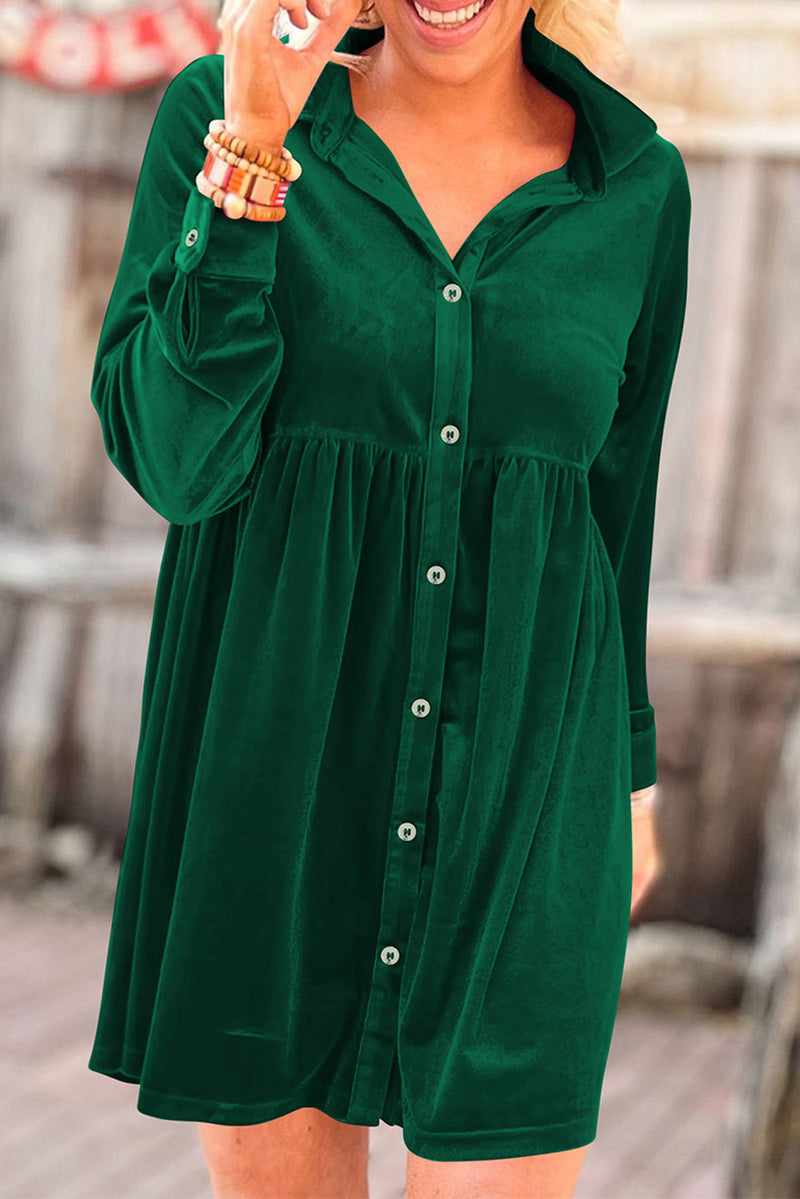Green Long Sleeve Ruffle Velvet Button Up Dress