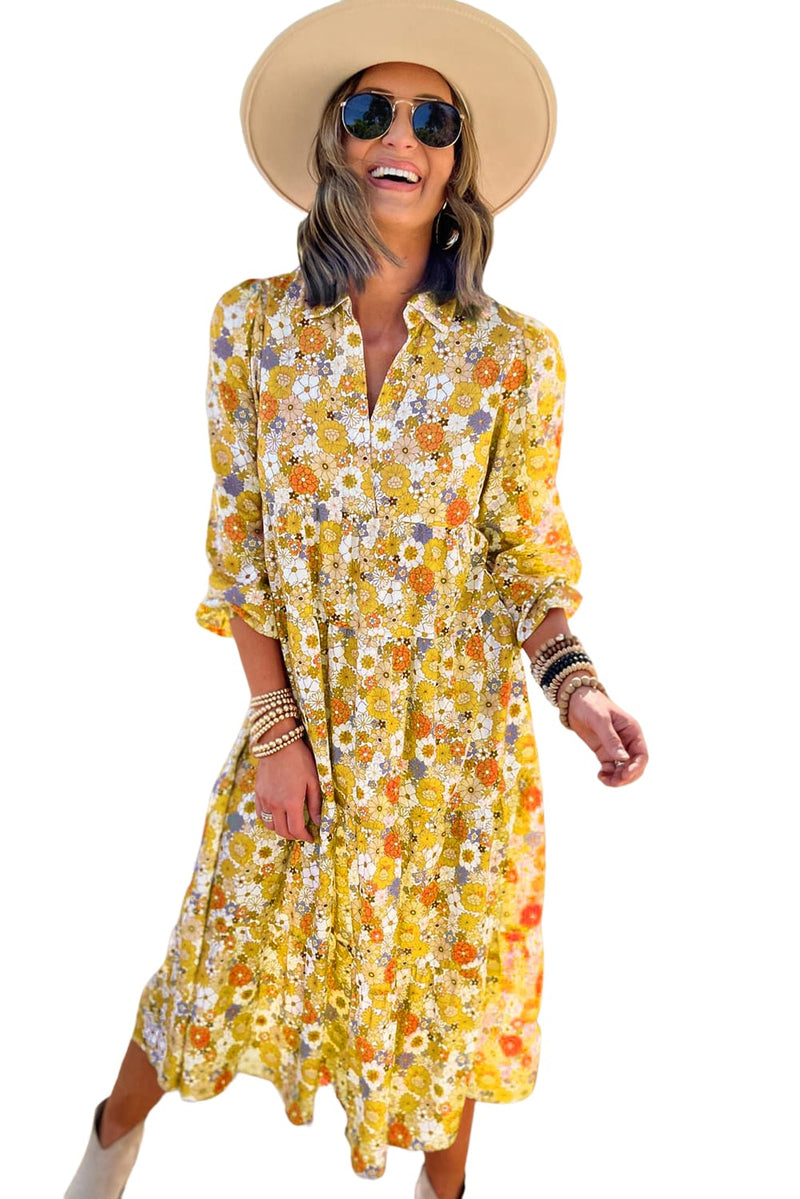 Yellow Boho Floral Collared Long Sleeve Ruffled Dress