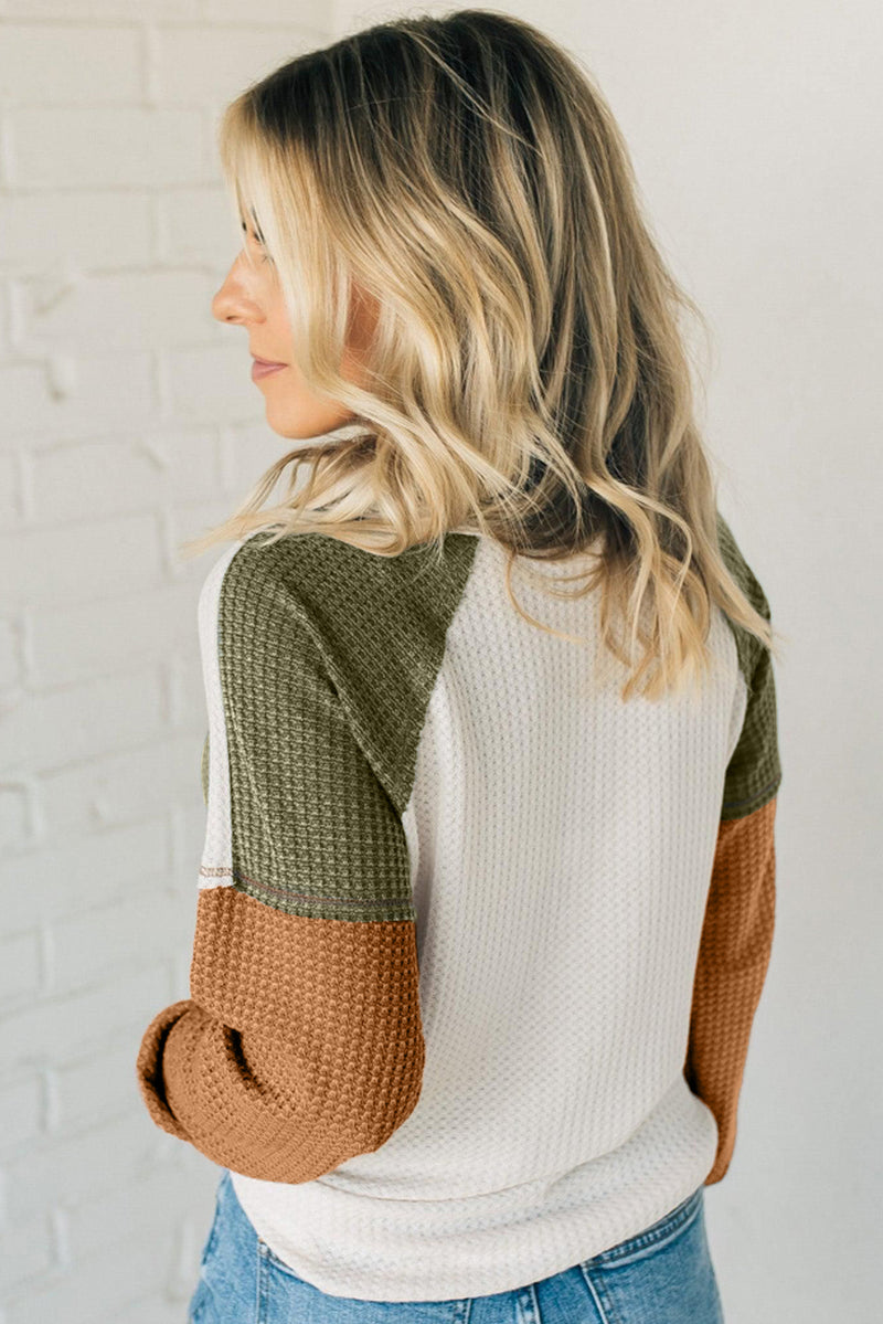 Green Color Block Exposed Seam Waffle Knit Long Sleeve Top