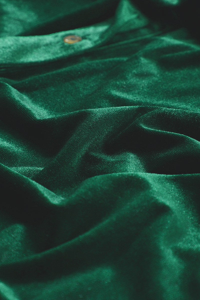 Green Long Sleeve Ruffle Velvet Button Up Dress