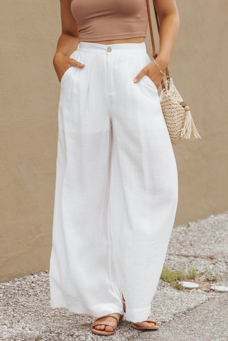 White Solid Color Elastic Waist Pleated Wide Leg Pants