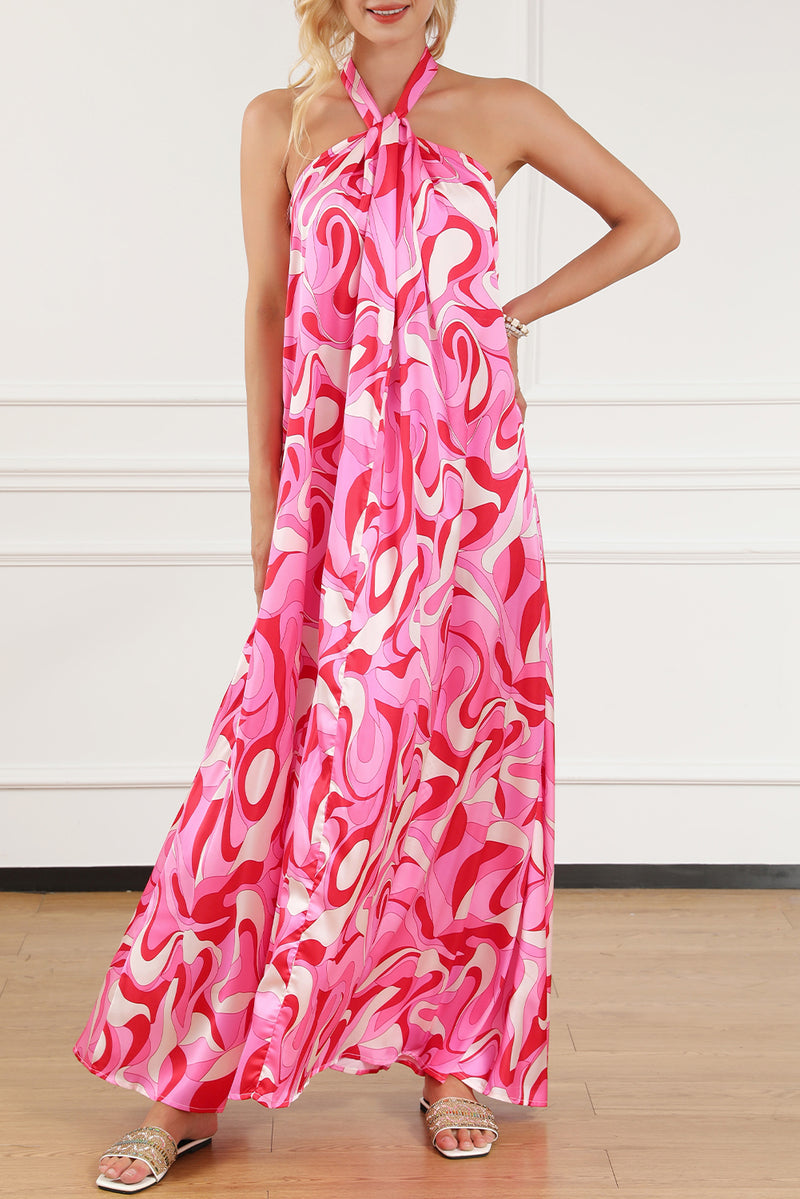 Pink Abstract Swirl Print Halter Maxi Dress