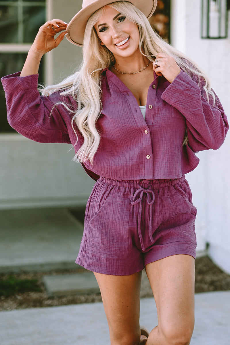 Textured Dolman Sleeve Cropped Shirt and Shorts Set