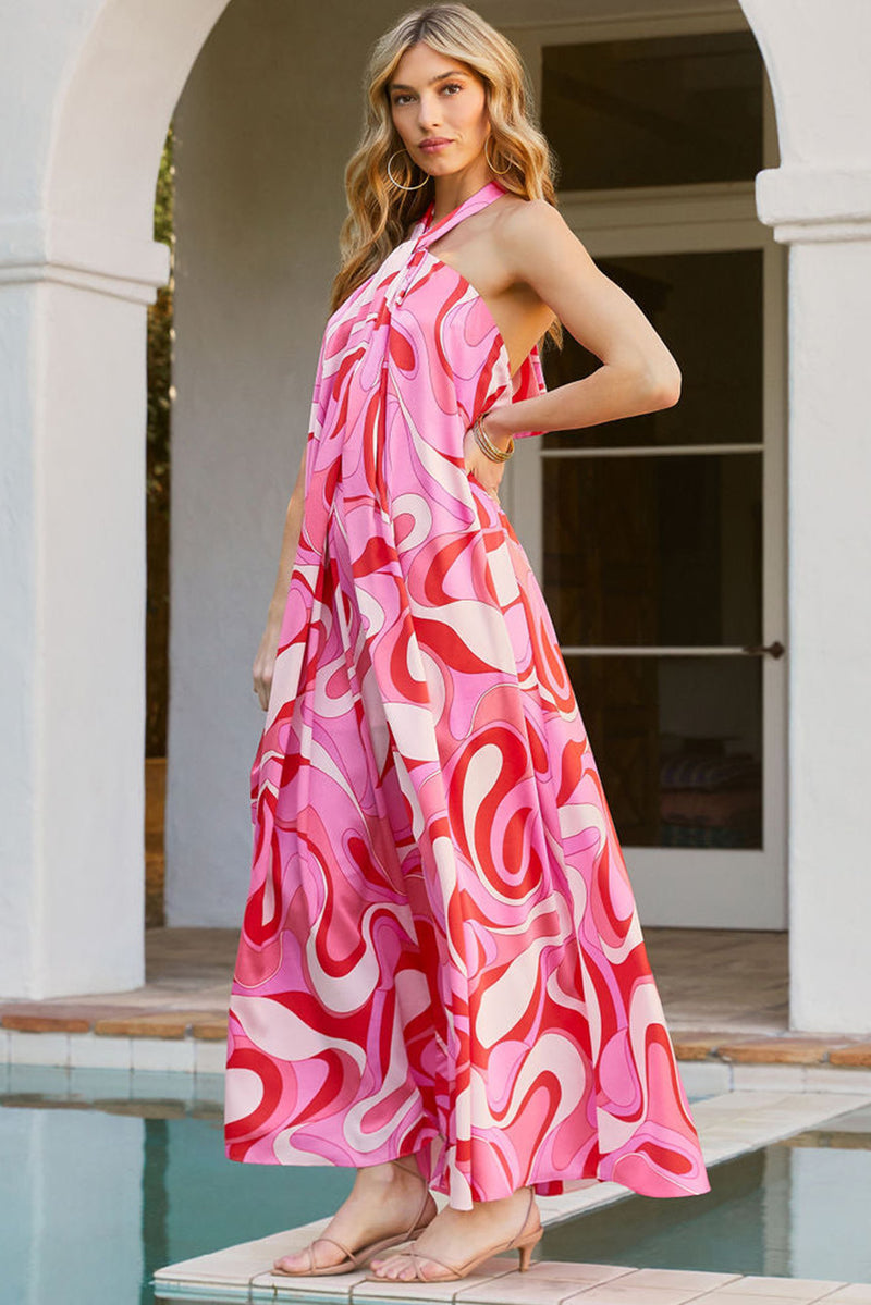 Pink Abstract Swirl Print Halter Maxi Dress