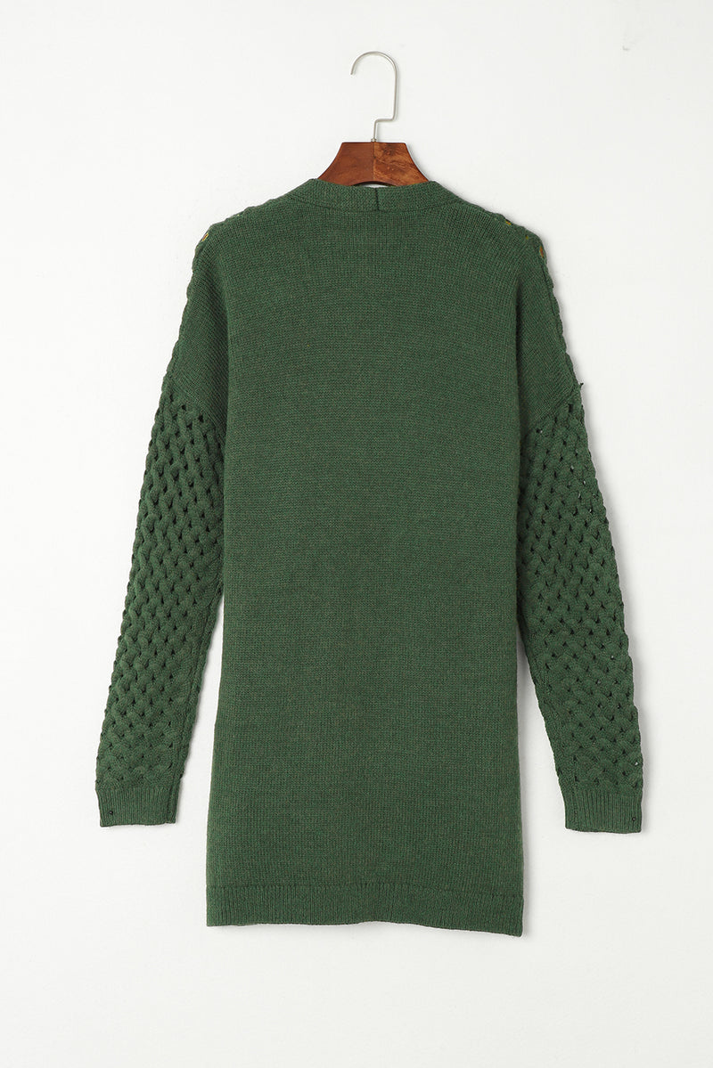Green Open Front Woven Texture Knitted Cardigan with Pockets