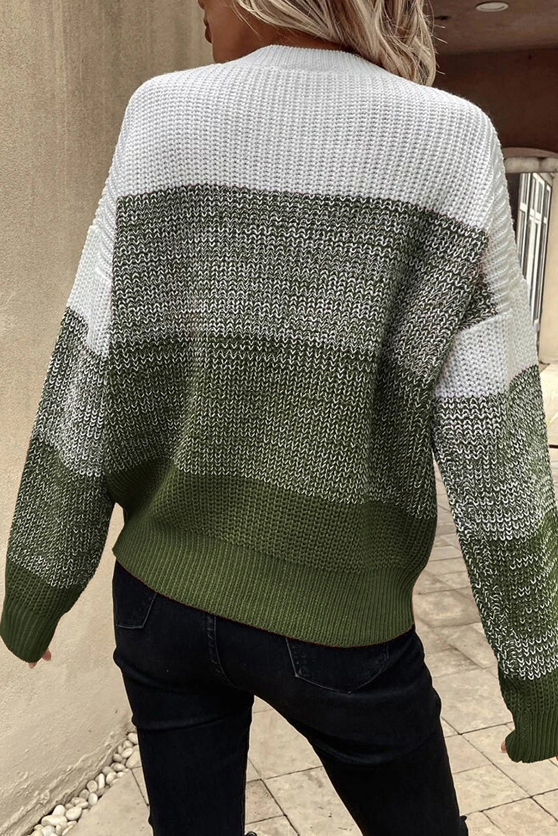 Pickle Green Color Block Drop Shoulder Ribbed Trim Sweater