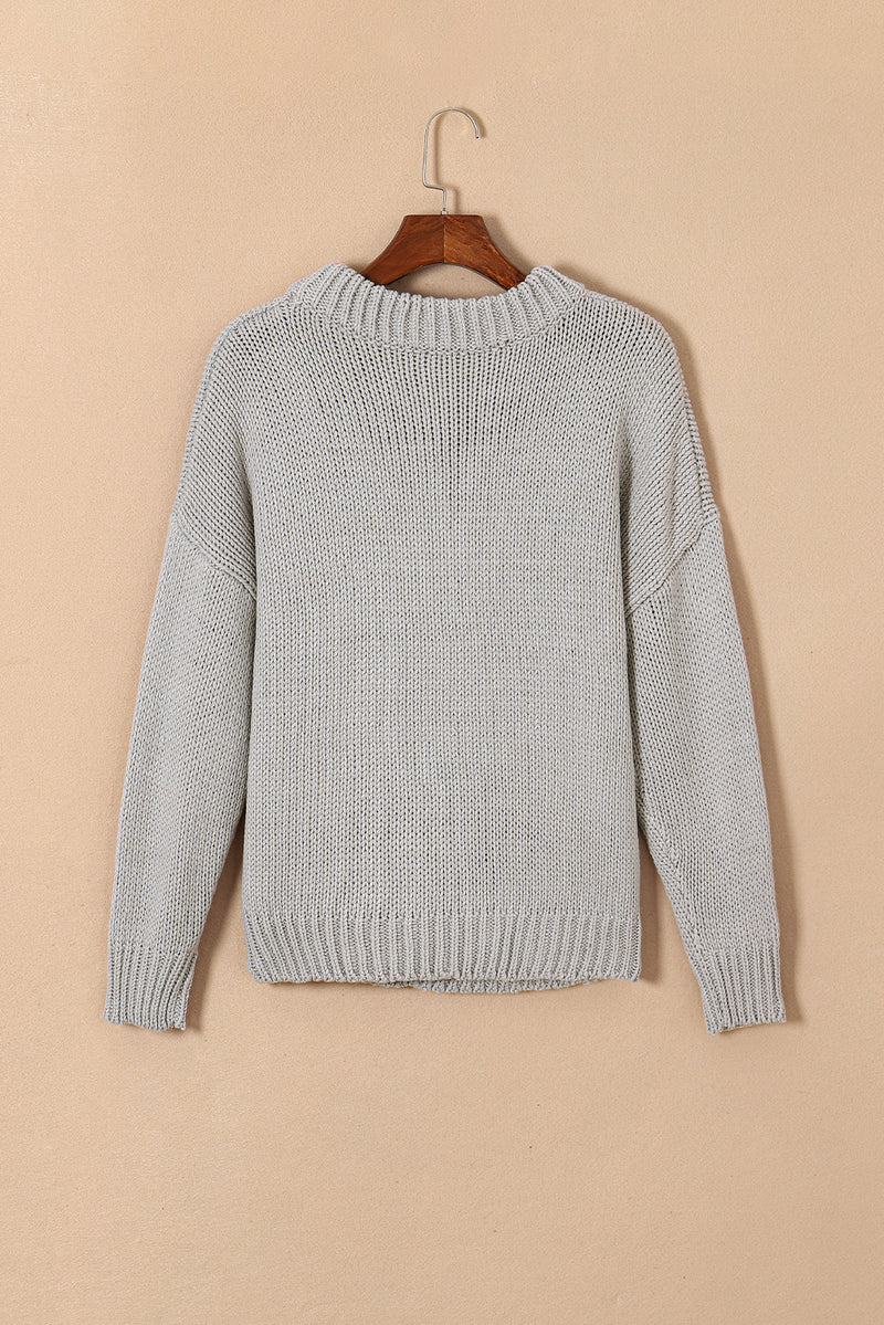 Light Grey Chunky Knit Turtle Neck Drop Shoulder Sweater