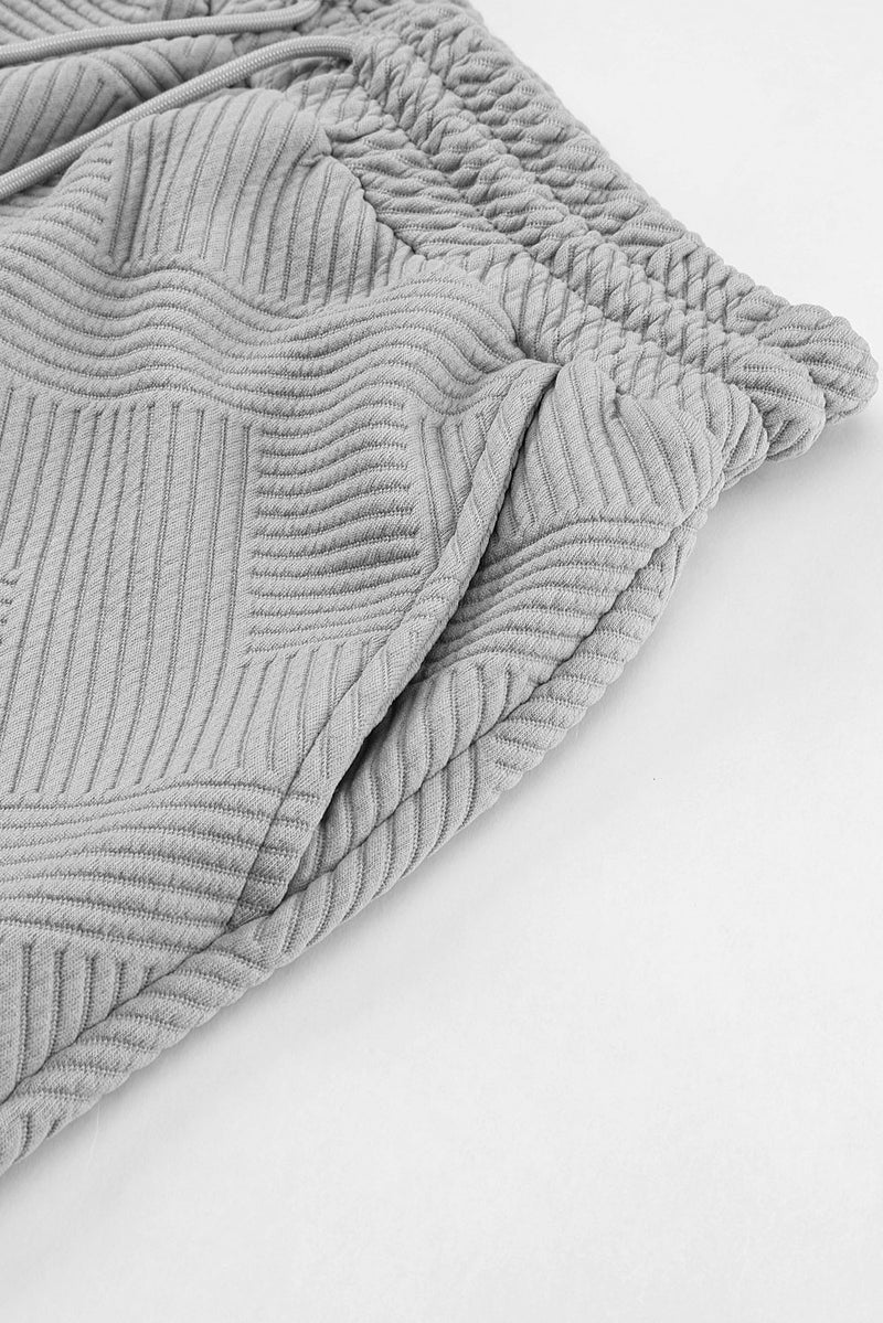 Gray Textured Long Sleeve Top and Drawstring Shorts Set