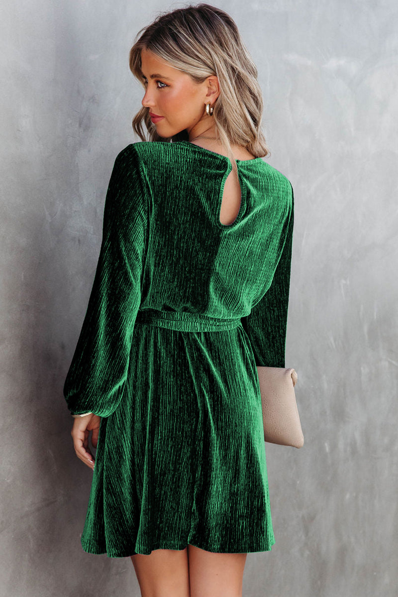 Green Tie Waist Crinkle Velvet Dress