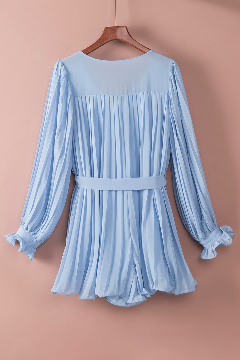 Sky Blue Pleated Ruffled Tie Waist Buttons V Neck Romper
