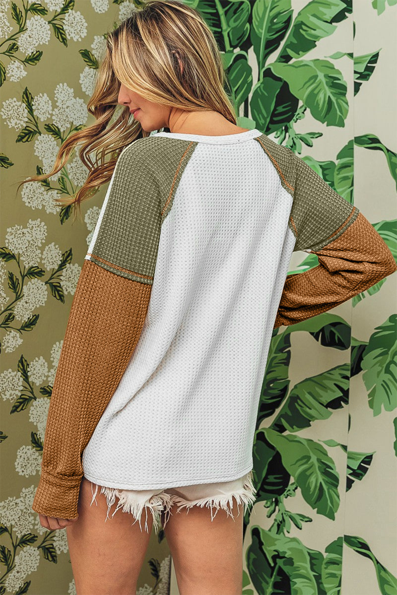 Green Color Block Exposed Seam Waffle Knit Long Sleeve Top