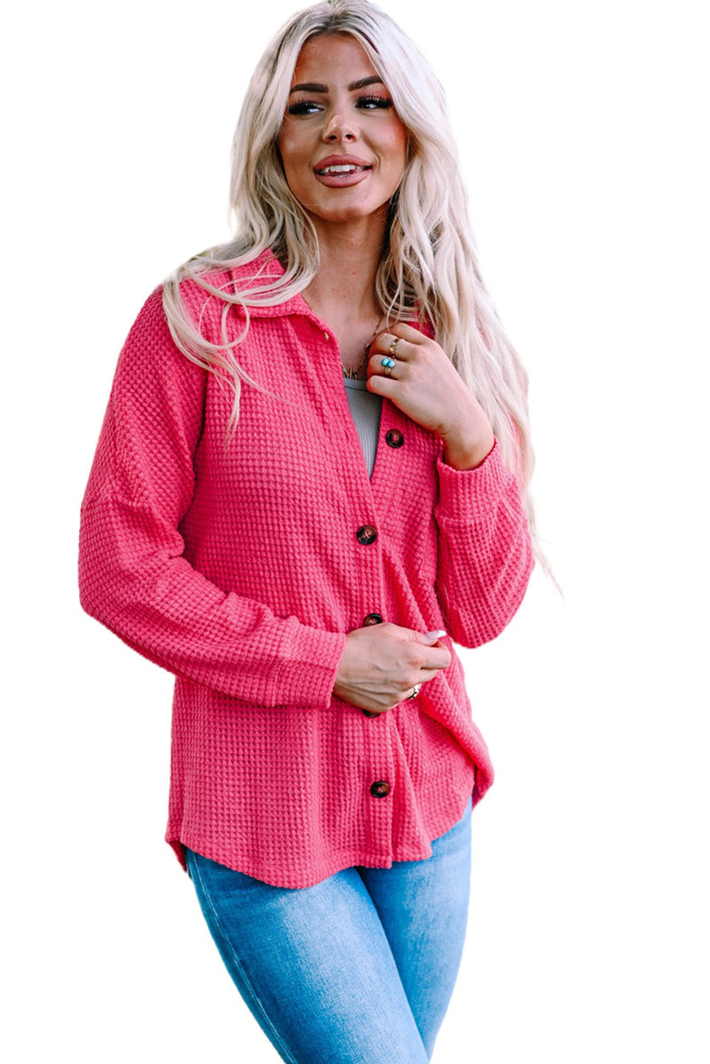 Pink Waffle Knit Button Up Casual Shirt