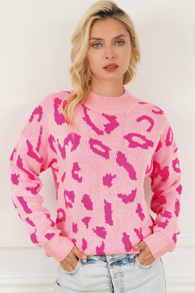 Bonbon Leopard Pattern Mock Neck Ribbed Trim Sweater