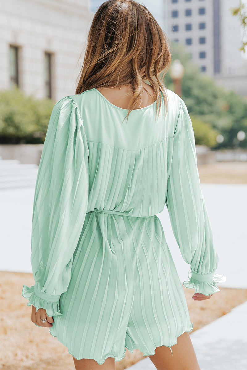 Green Pleated Ruffled Tie Waist Buttons V Neck Romper