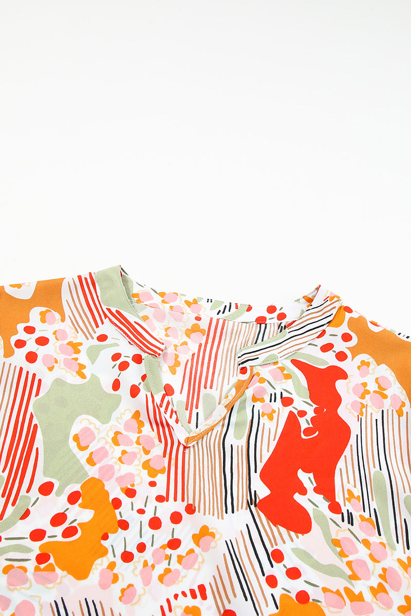 Multicolour Split Neck Puff Sleeve Flowy Printed Dress