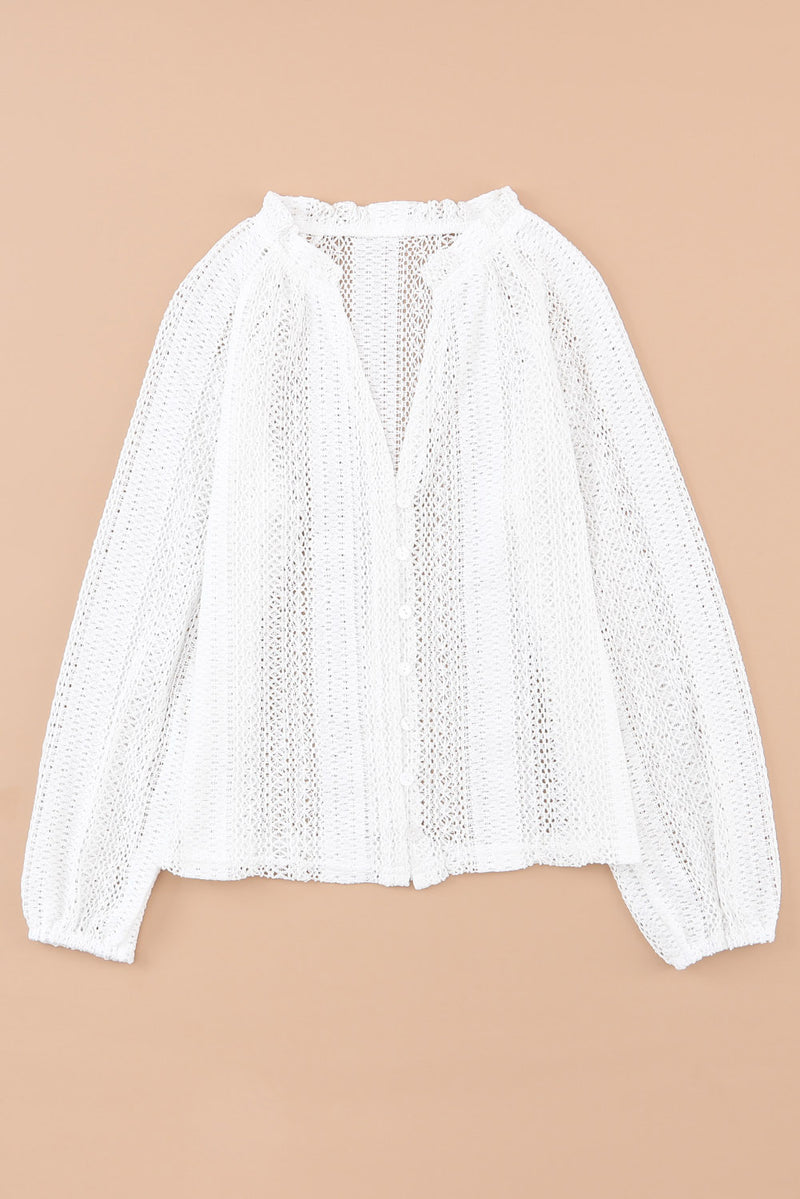 V-Neck Long Sleeve Button Up Lace Shirt