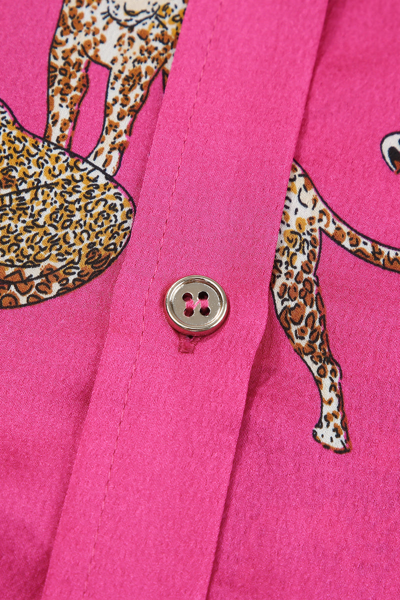 Rose Cheetah Animal Print Button Up Satin Shirt