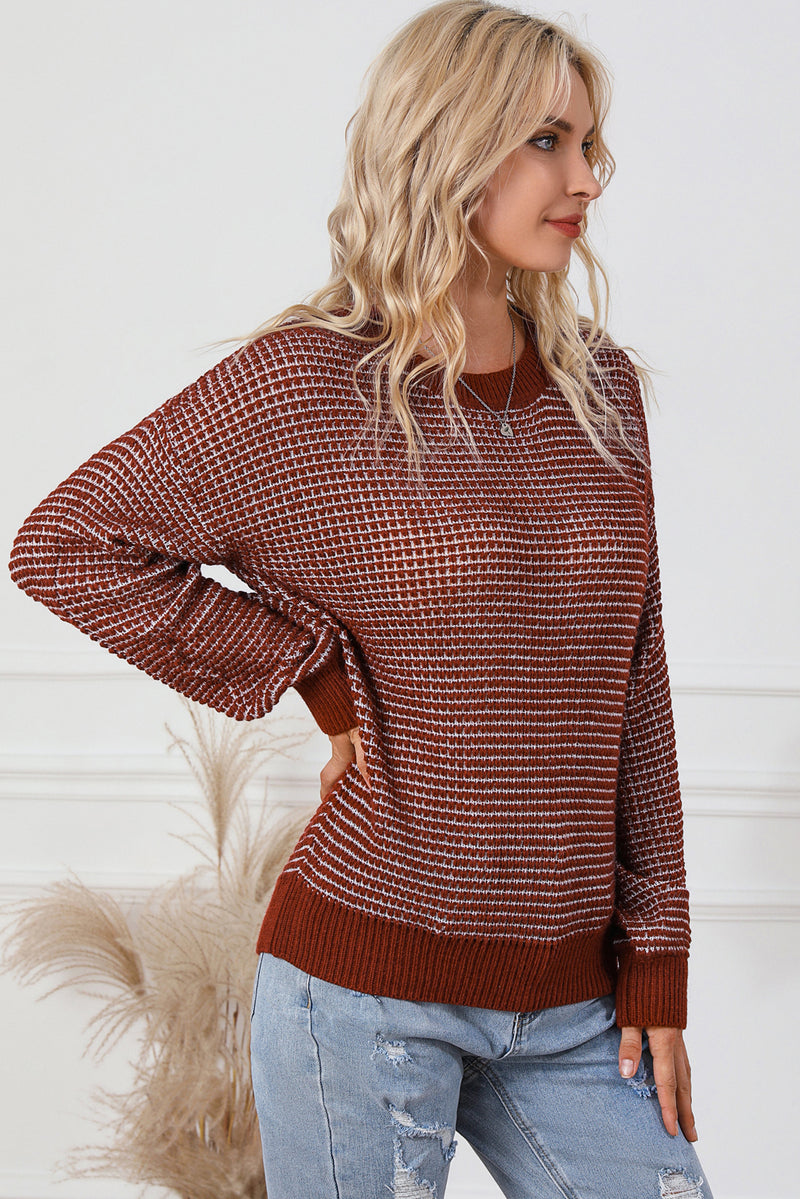 Fiery Red Heathered Knit Drop Shoulder Puff Sleeve Sweater
