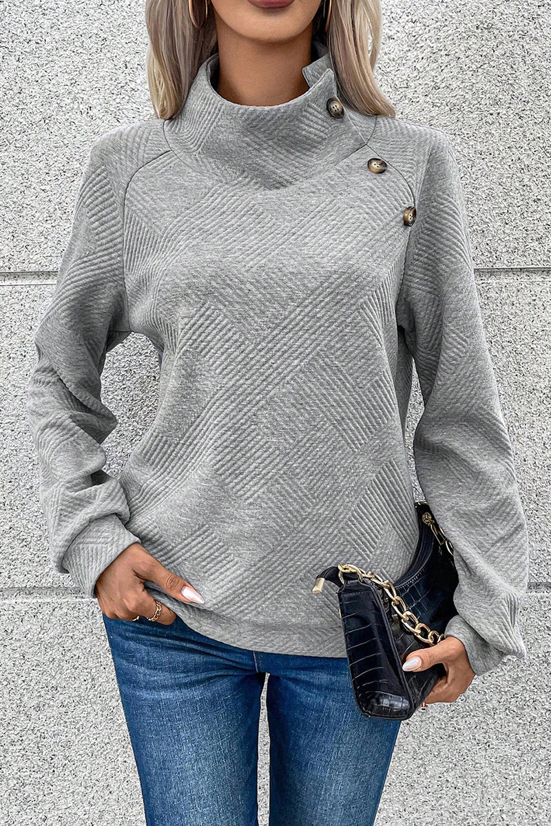 Gray Asymmetric Buttons Detail High Neck Textured Sweatshirt