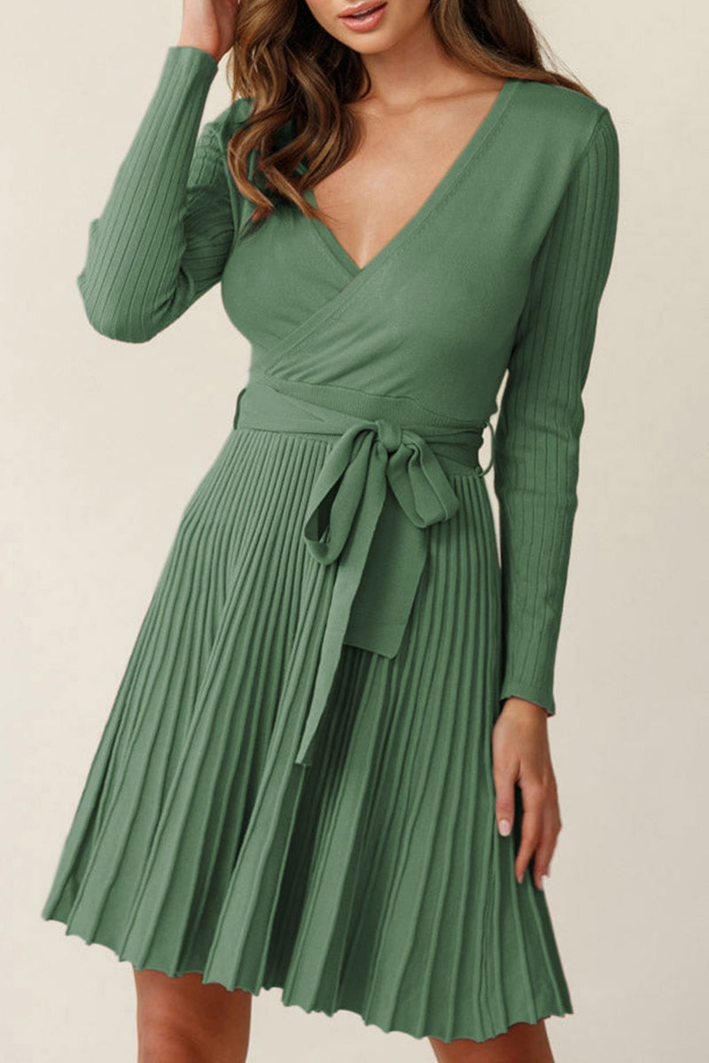 Green Belted V Neck Ribbed Pleated Sweater Dress