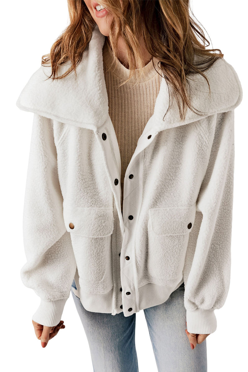 White Button Flap Pocket Spread Collar Fleece Jacket