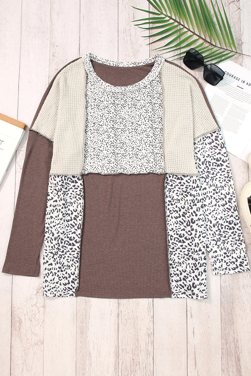 Leopard Colorblock Textured Knit Patchwork Top