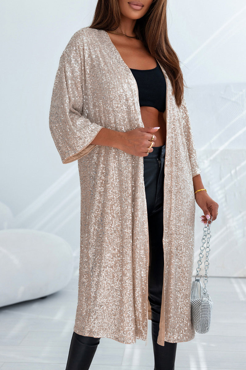Apricot Sequin 3/4 Sleeve Open Front Duster Kimono