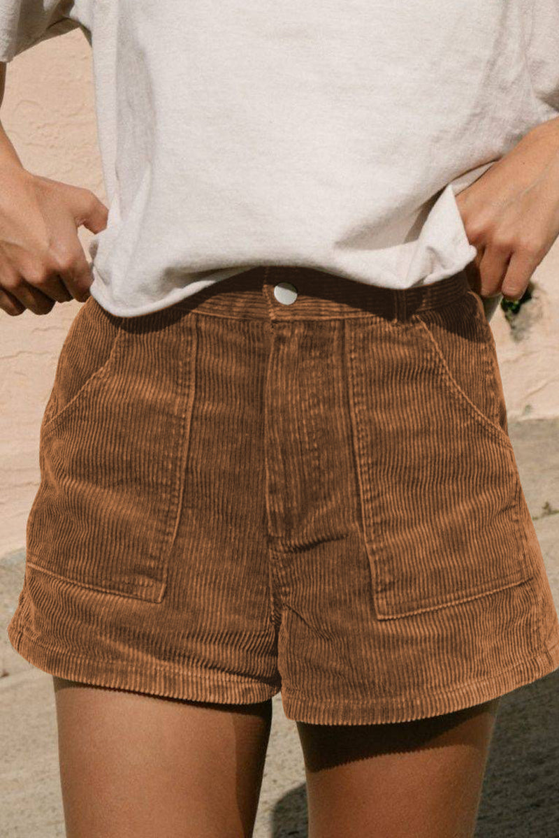 Brown Vintage Elastic Waist Back Pocketed Corduroy Shorts