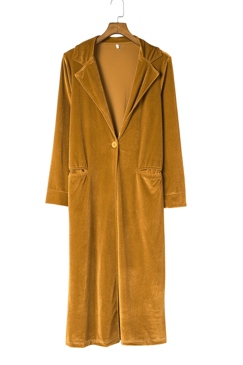 Yellow Retro Velvet Long Sleeve Pocket Coat