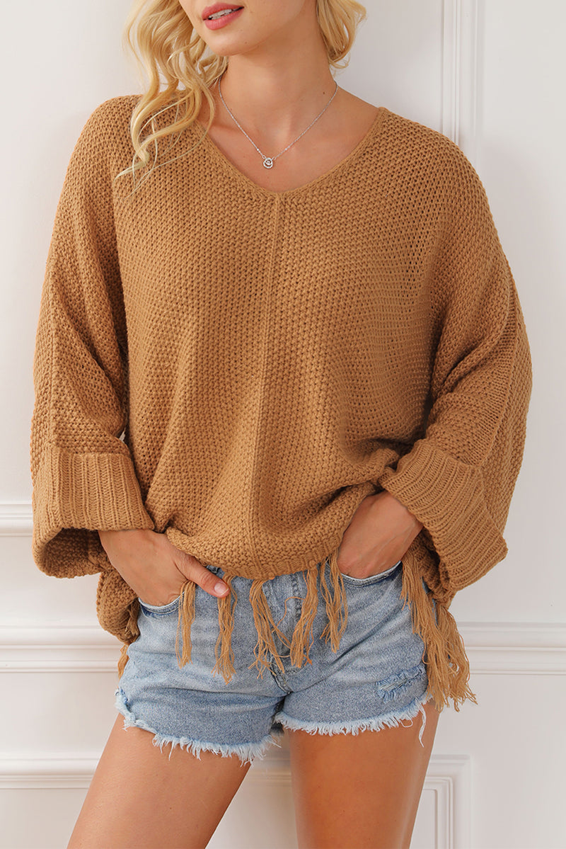 Camel Tasseled Hem Knit Baggy Sweater