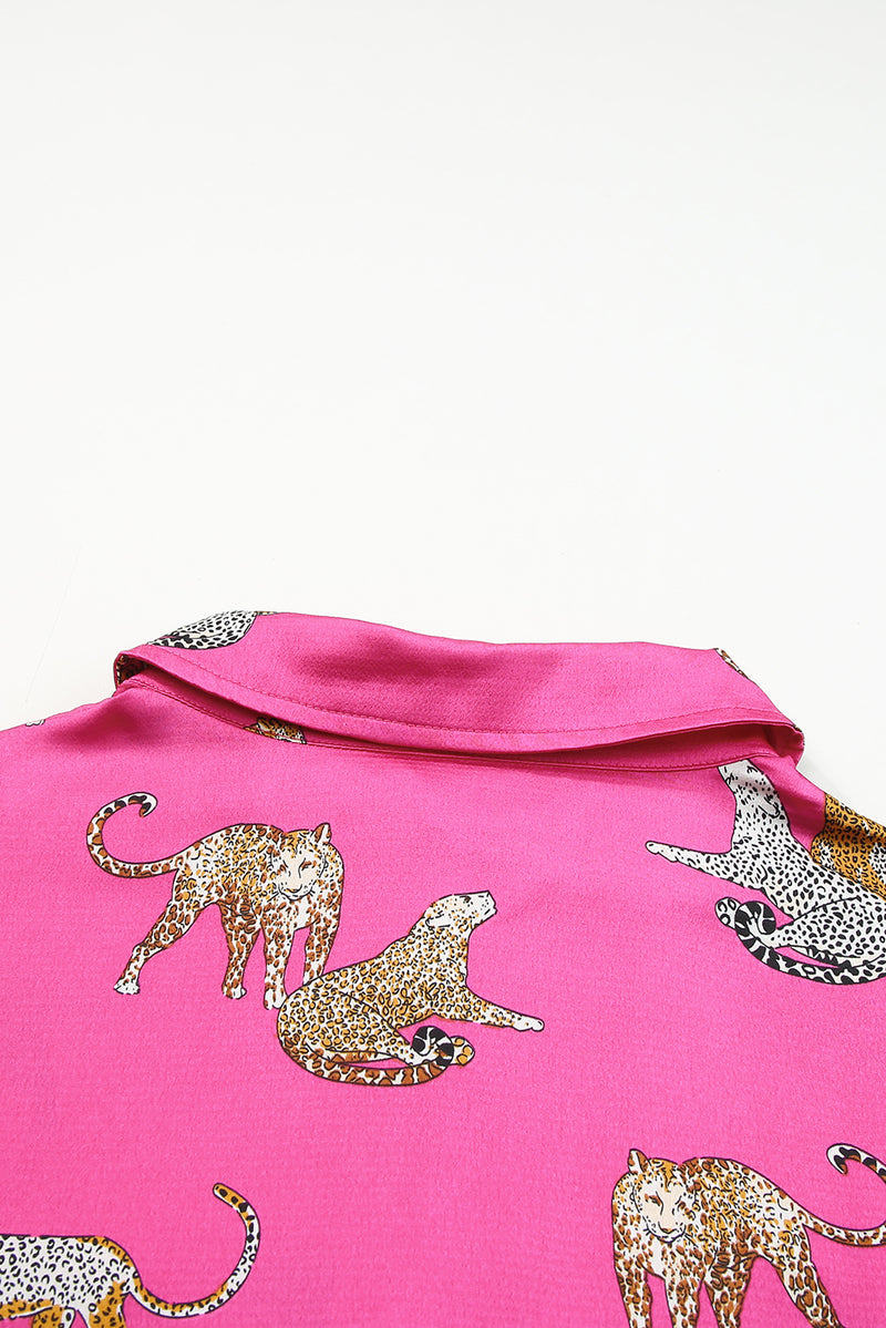 Rose Cheetah Animal Print Button Up Satin Shirt