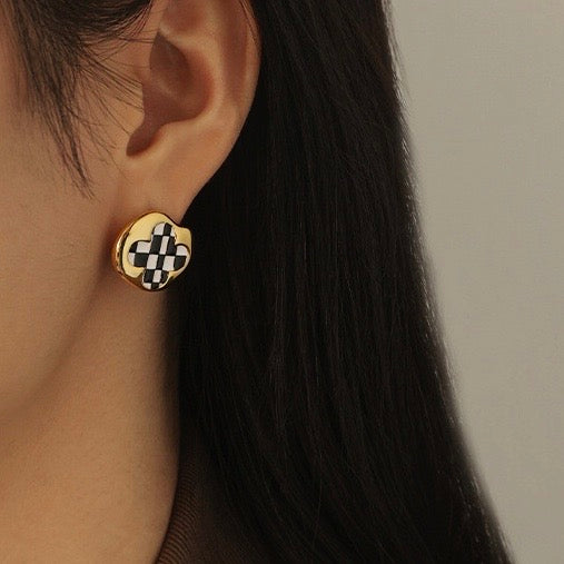 Black And White Lattice Earring| 18k Gold Plated  Brass