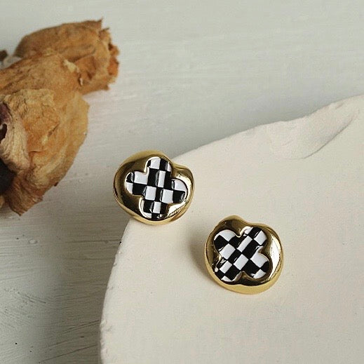 Black And White Lattice Earring| 18k Gold Plated  Brass